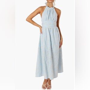 Petal & Pup Taila Eyelet Women’s Embroidered Halter Maxi Dress Blue & White